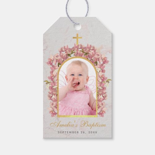 Baptism Girl Photo Marble Gold Arch Pink Orchids G Gift Tags