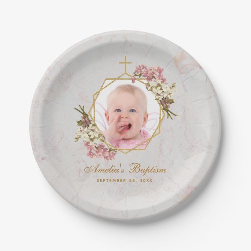 Baptism Girl Photo Marble Pink Orchids Floral Gold Paper Plates