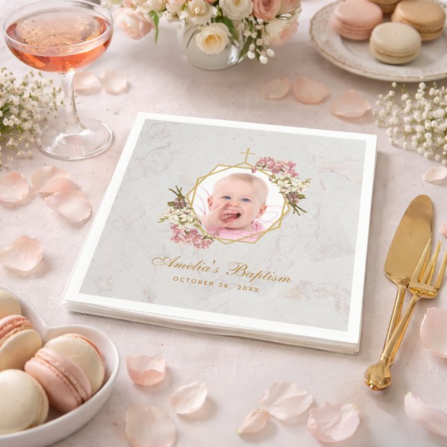 Baptism Girl Photo Marble Pink Orchids Gold Floral Napkins (Creator Uploaded)