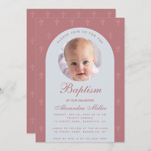 Baptism Girl Photo Modern Arch Dusty Rose Script   Invitation