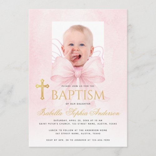 Baptism Girl Photo Pink Bow Faux Gold Cross Script Invitation