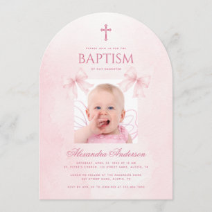 Baptism Girl Photo Pink Bows and Script Watercolor Invitation