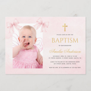 Baptism Girl Photo Pink Bows & Gold Cross Coquette Invitation