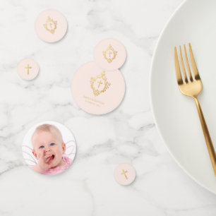 Baptism Girl Photo Pink Faux Gold Vintage Crest Confetti
