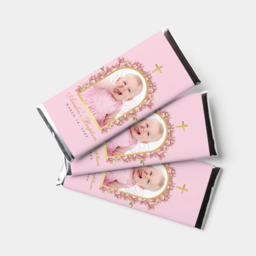 Baptism Girl Photo  Pink Floral Gold Arch Orchids Hershey Bar Favors