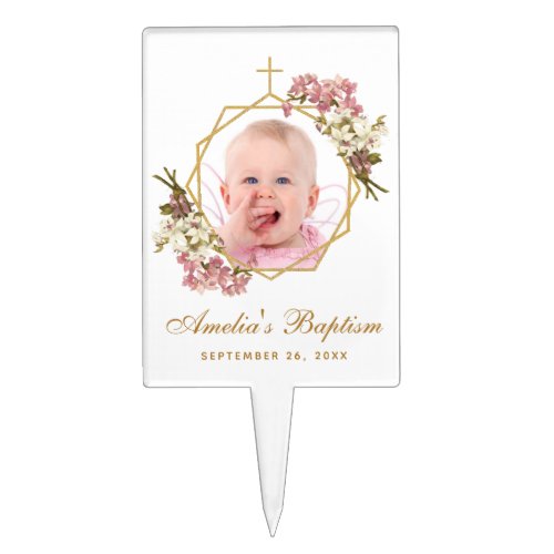 Baptism Girl Photo Pink Orchids Floral Geometric   Cake Topper