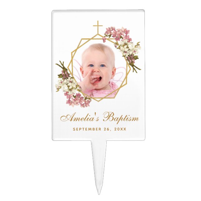 Baptism Girl Photo Pink Orchids Floral Geometric   Cake Topper (Front)