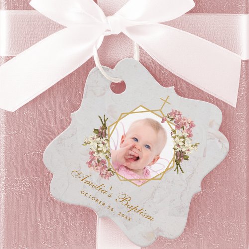 Baptism Girl Photo Pink Orchids Floral Geometric Favor Tags