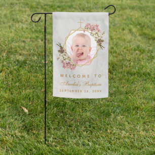 Baptism Girl Photo Pink Orchids Floral Geometric Garden Flag