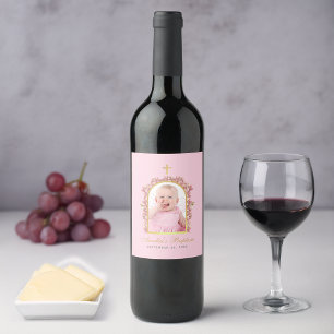 Baptism Girl Photo Pink Orchids Floral Gold Arch Wine Label