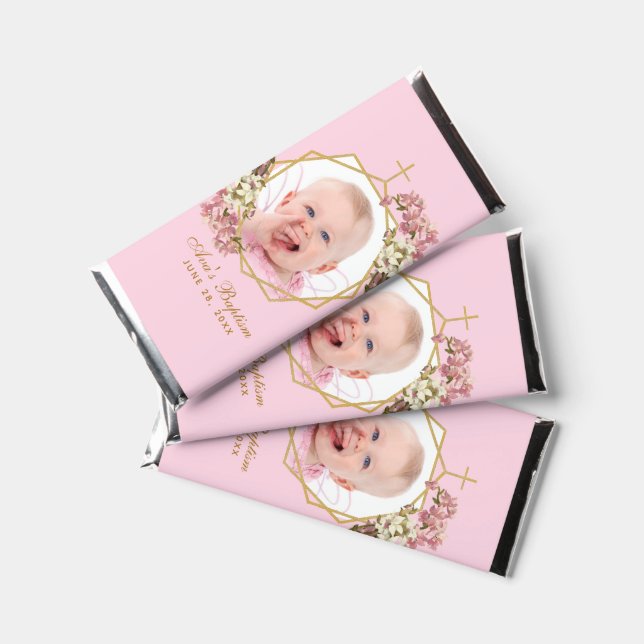 Baptism Girl Photo Pink Orchids Floral Gold Cross  Hershey Bar Favors (Front)