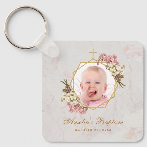 Baptism Girl Photo Pink Orchids Floral Gold Marble Keychain