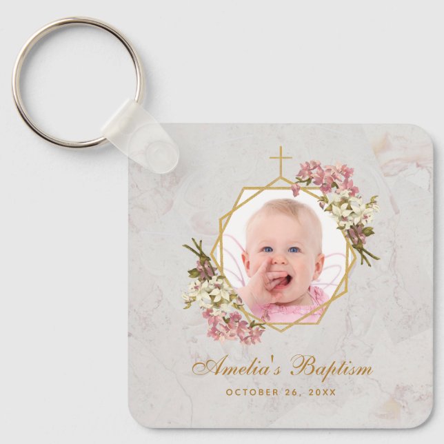 Baptism Girl Photo Pink Orchids Floral Gold Marble Keychain (Front)