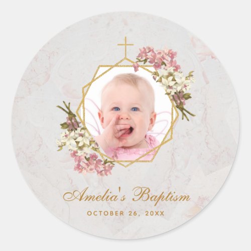 Baptism Girl Photo Pink Orchids Marble Gold Floral Classic Round Sticker