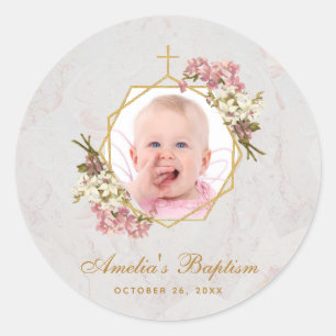 Baptism Girl Photo Pink Orchids Marble Gold Floral Classic Round Sticker