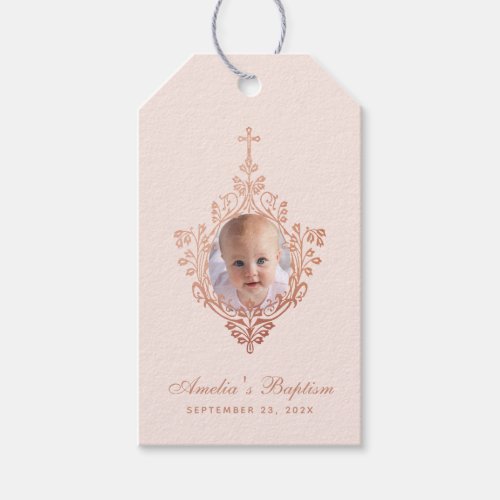 Baptism Girl Photo Rose Gold Blush Pink Elegant Gift Tags