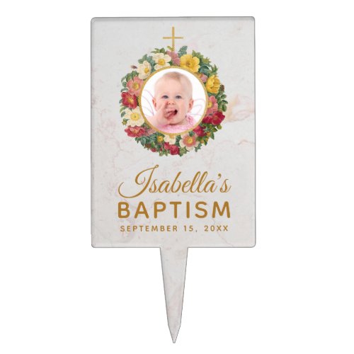 Baptism Girl Photo Rose Wreath Cross Floral Marble Cake Topper