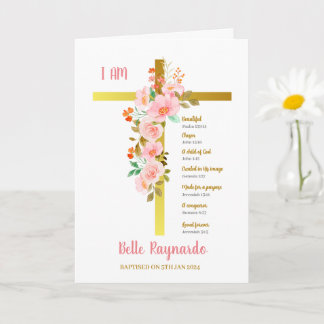 Baptism Girl Pink and Red Flowers On Crucifix Card
