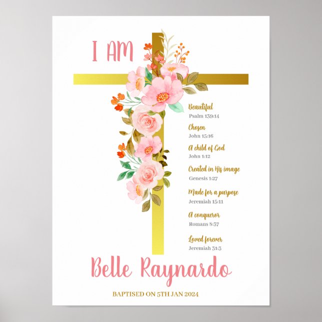 Baptism Girl Pink and Red Flowers On Crucifix Poster (Front)