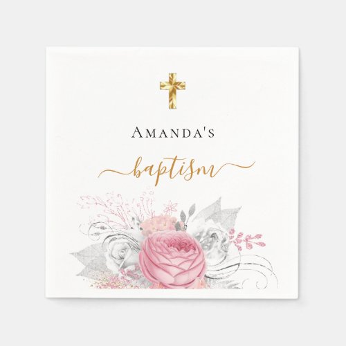 Baptism girl pink florals white elegant name napkins