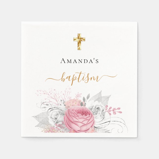 Baptism girl pink florals white elegant name napkins (Front)