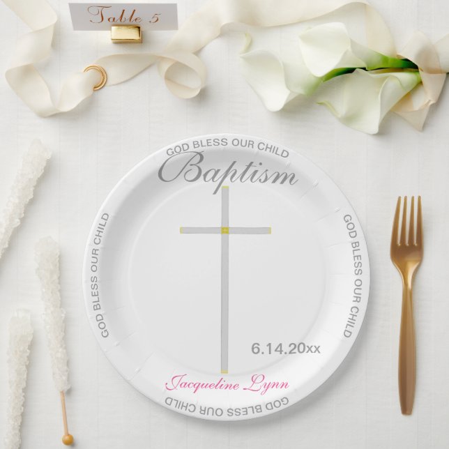 Baptism Girl Pink Name Silver Cross Paper Plates (Wedding)