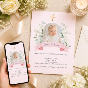 Baptism Girl Pink Photo Arch White Florals Invitation