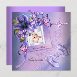 Baptism Girl Pink Purple Photo Christening Invitation