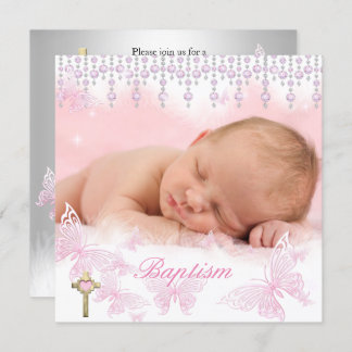 Baptism Girl Pink Silver Butterfly Cross Invitation