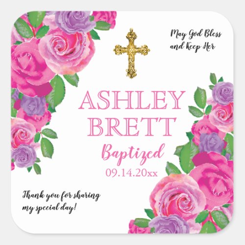 Baptism  Girl Pink Watercolor Rose Floral  Cross Square Sticker
