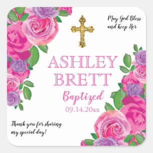 Baptism   Girl Pink Watercolor Rose Floral   Cross Square Sticker