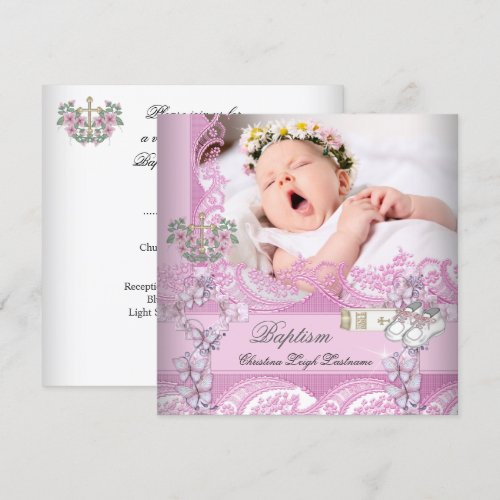 Baptism Girl Pink White Photo Christening Custom Invitation