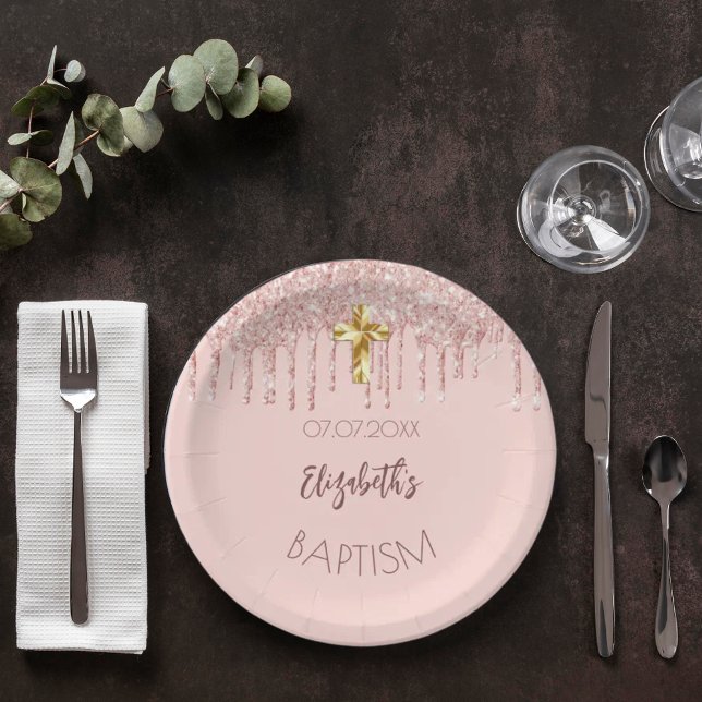 Baptism girl rose gold glitter drips name paper plates (Creator Uploaded)