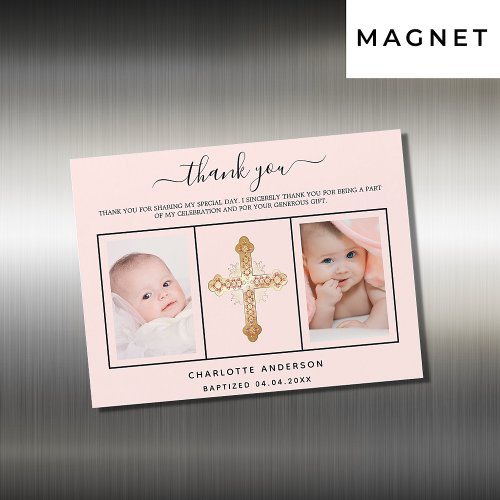 Baptism girl rose gold photo magnet thank you card