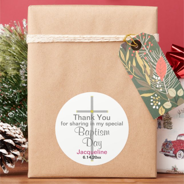 Baptism Girl Thank You Round Stickers (Holiday)