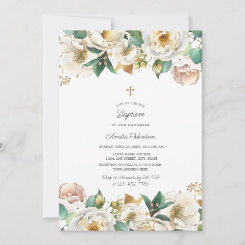 Baptism Girls  Gold Greenery Floral Invitation