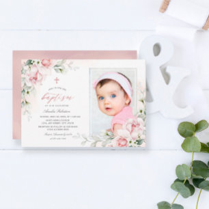 Baptism Girls   Photo Pink Watercolor Invitation