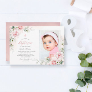 Baptism Girls | Photo Pink Watercolor Invitation