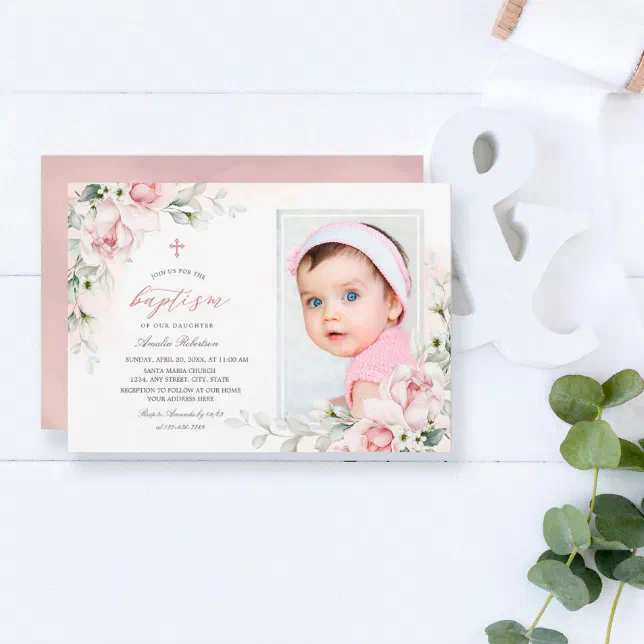 Baptism Girls | Photo Pink Watercolor Invitation | Zazzle