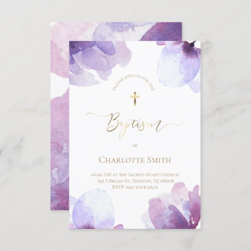 baptism girly purple watercolor flowers invitation