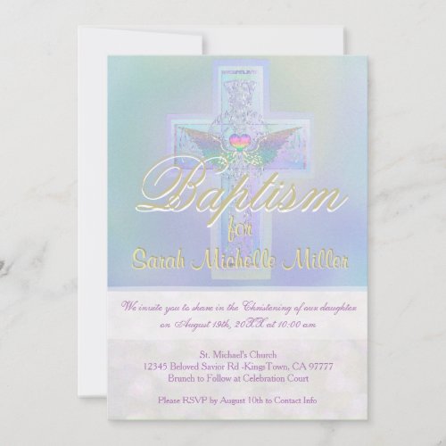 Baptism  Glowing Rainbow Heart Cross Invitation