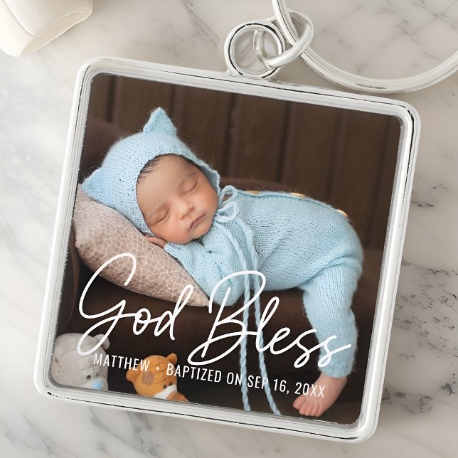 Baptism God Bless Simple Elegant Modern Baby Photo Keychain (Creator Uploaded)