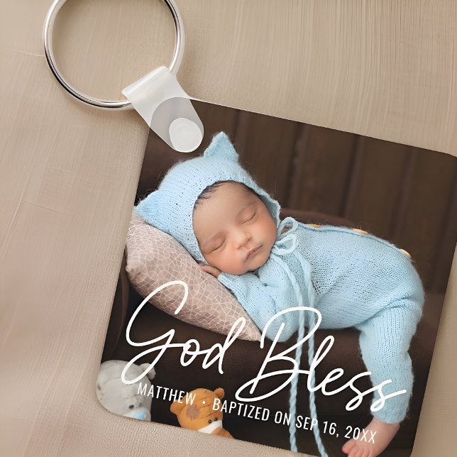 Baptism God Bless Simple Elegant Modern Baby Photo Keychain (Creator Uploaded)