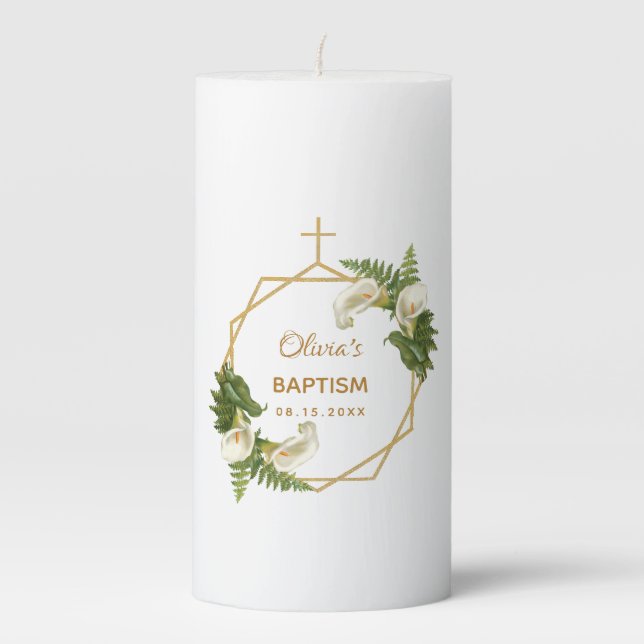 Baptism Gold Calla Lilies Cross Floral Geometric Pillar Candle (Front)