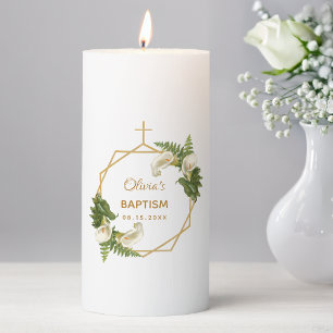 Baptism Gold Calla Lilies Cross Floral Geometric Pillar Candle