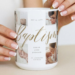 Baptism Gold Calligraphy Photo Collage Keepsake Coffee Mug