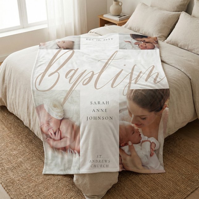 Baptism Gold Calligraphy Photo Collage Keepsake Fleece Blanket (Baptism Gold Calligraphy Photo Collage Keepsake Fleece Blanket)