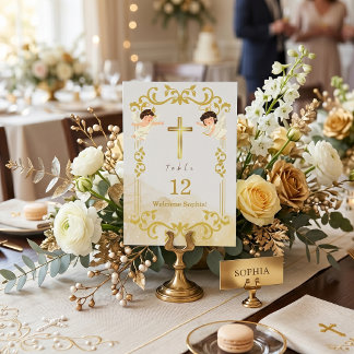Baptism  Gold Cross Angels Custom Christening  Table Number