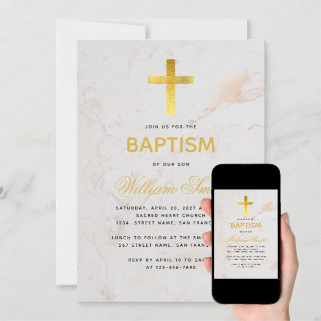 Baptism Gold Cross Marble Elegant Script Simple Invitation | Zazzle