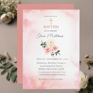 Baptism Gold Cross Pink Floral Invitation